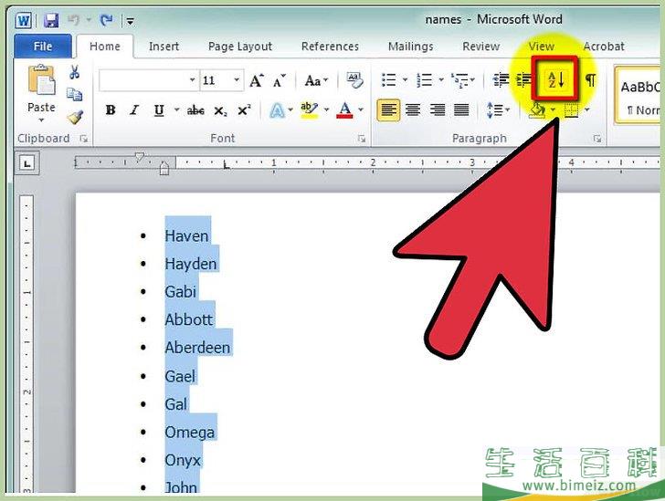 如何在Microsoft Word中按字母顺序排列
